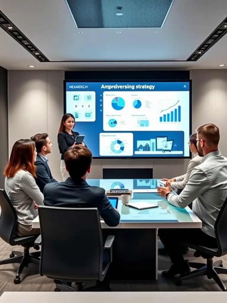 An image of NEXORATECH's team presenting a comprehensive advertising strategy to a client, showcasing their strategic planning capabilities.