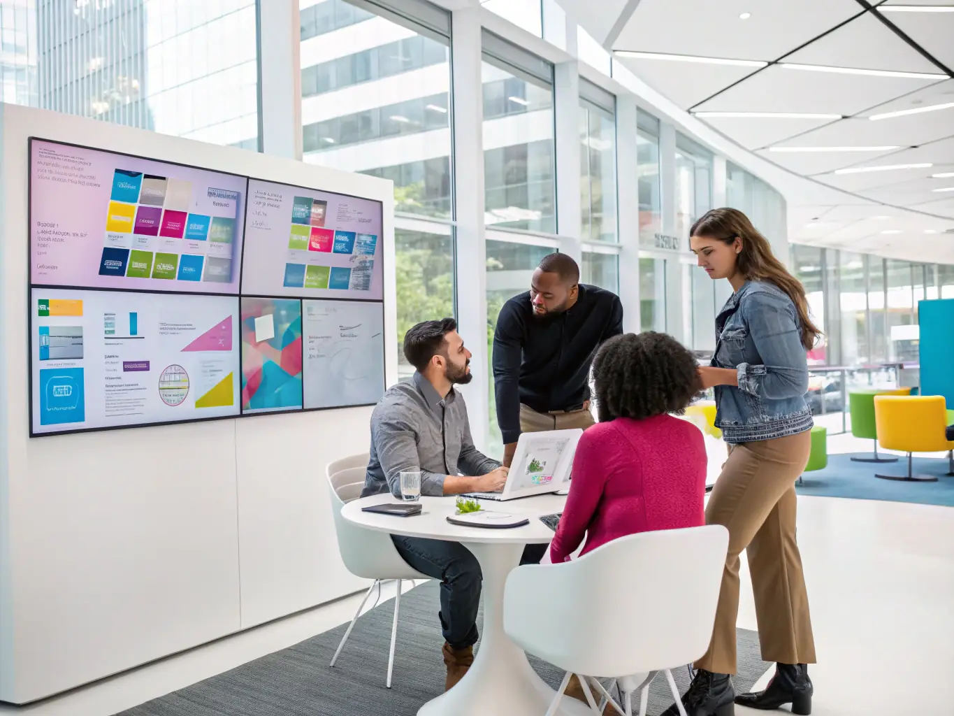 A dynamic image featuring a diverse team collaborating on a digital advertising campaign, showcasing creativity and innovation.