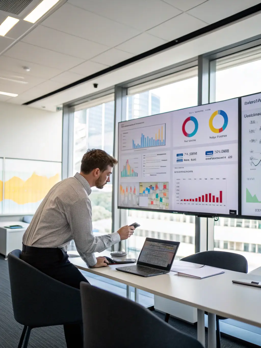A photograph of a data scientist analyzing advertising campaign performance metrics on a large screen, highlighting NEXORATECH's data-driven approach.